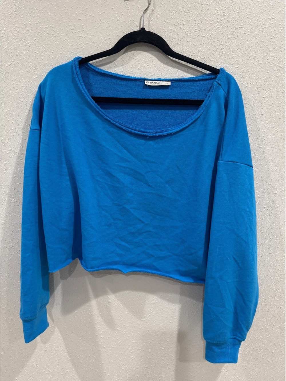 Zenana Bright Blue Raw Edge Cropped Sweatshirt Size M